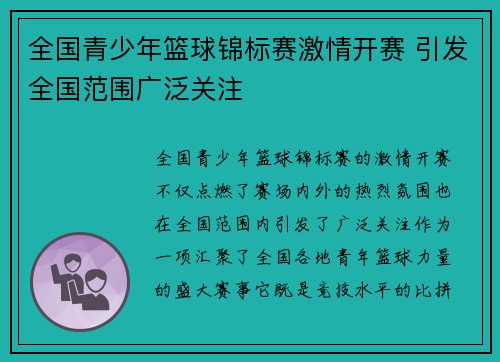 全国青少年篮球锦标赛激情开赛 引发全国范围广泛关注