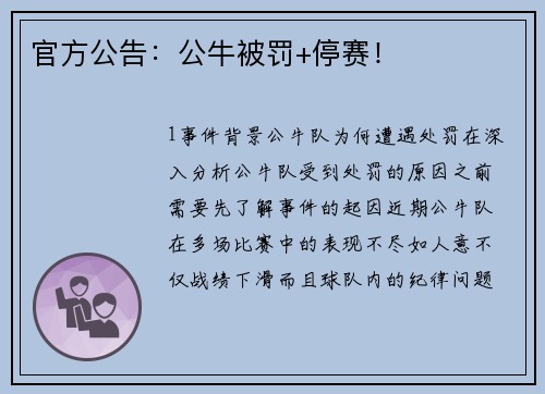 官方公告：公牛被罚+停赛！