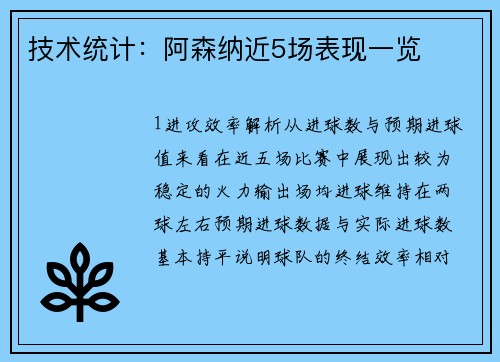 技术统计：阿森纳近5场表现一览